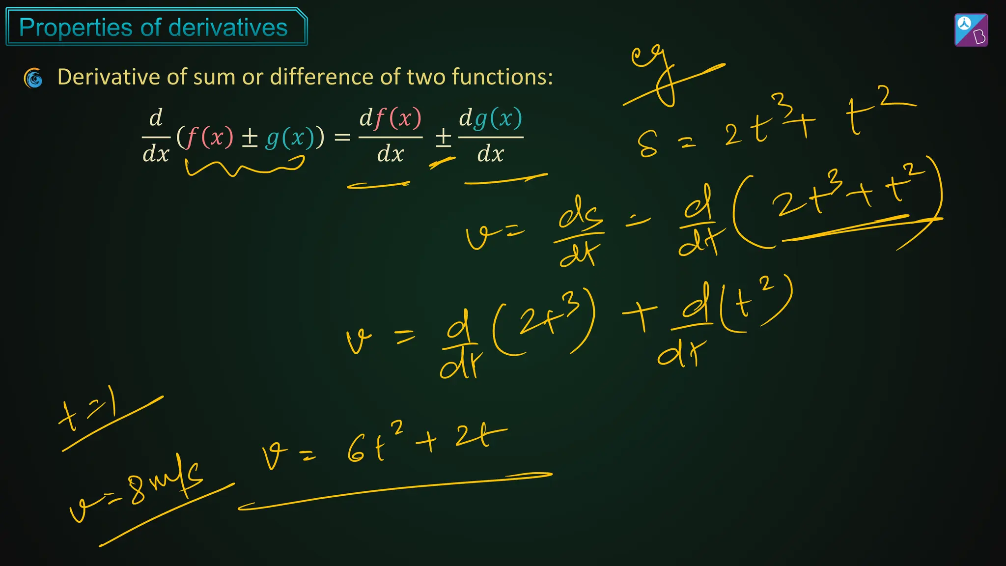 𝑑
𝑑𝑥
𝑓 𝑥 ± 𝑔(𝑥) =
𝑑𝑓 𝑥
𝑑𝑥
±
𝑑𝑔 𝑥
𝑑𝑥
Derivative of sum or difference of two functions:
 