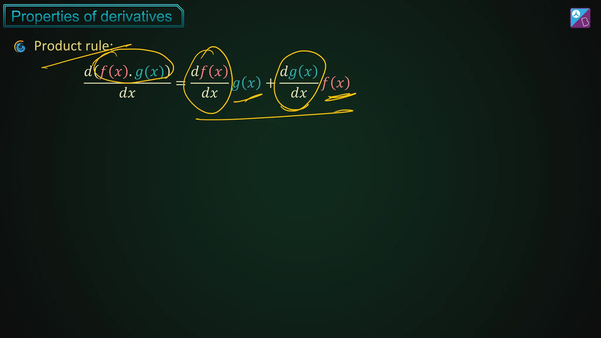 Product rule:
𝑑 𝑓 𝑥 . 𝑔(𝑥)
𝑑𝑥
=
𝑑𝑓 𝑥
𝑑𝑥
𝑔 𝑥 +
𝑑𝑔 𝑥
𝑑𝑥
𝑓 𝑥
 