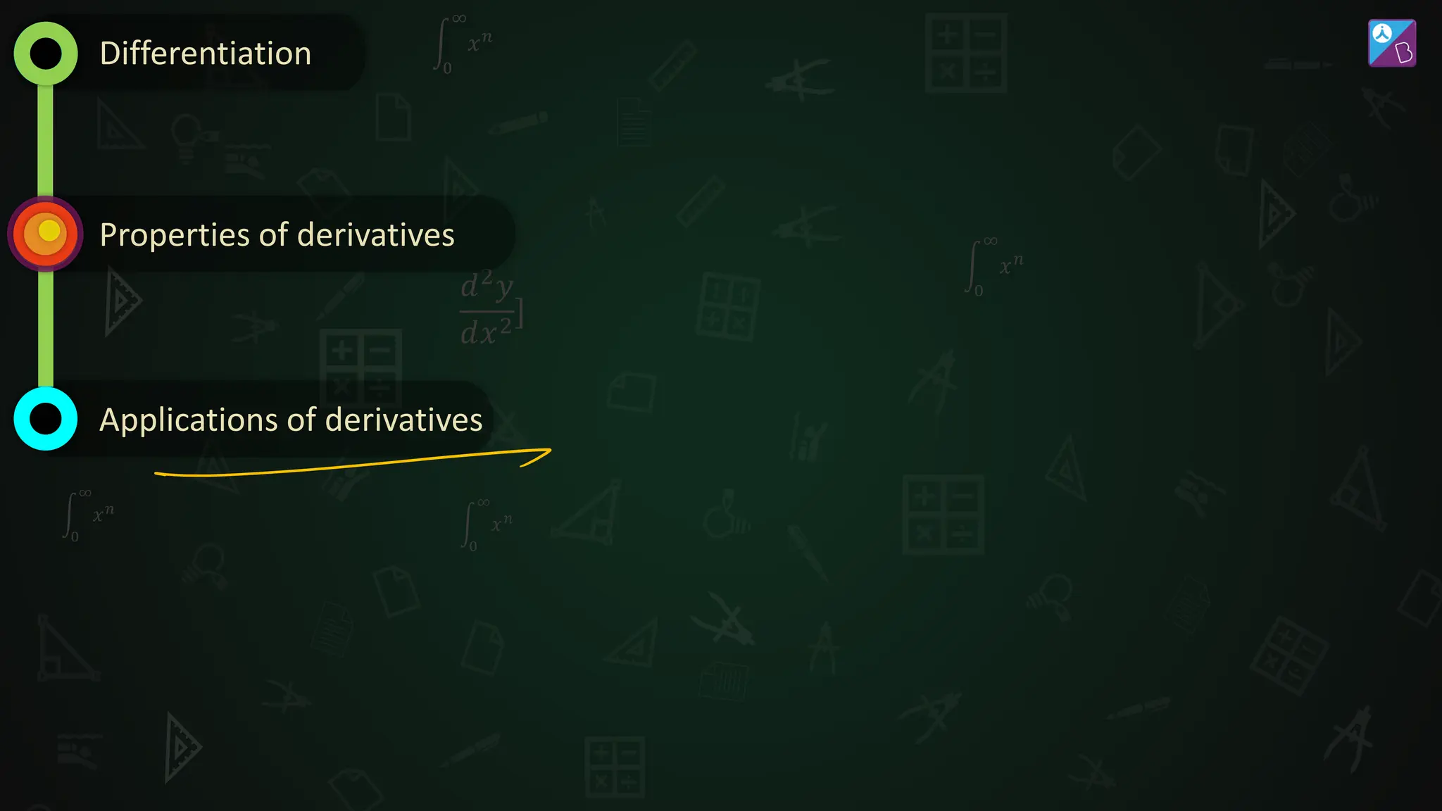 𝑑2𝑦
𝑑𝑥2]
න
0
∞
𝑥𝑛
න
0
∞
𝑥𝑛
න
0
∞
𝑥𝑛
න
0
∞
𝑥𝑛
න
0
∞
𝑥𝑛
Differentiation
Properties of derivatives
Applications of derivatives
 