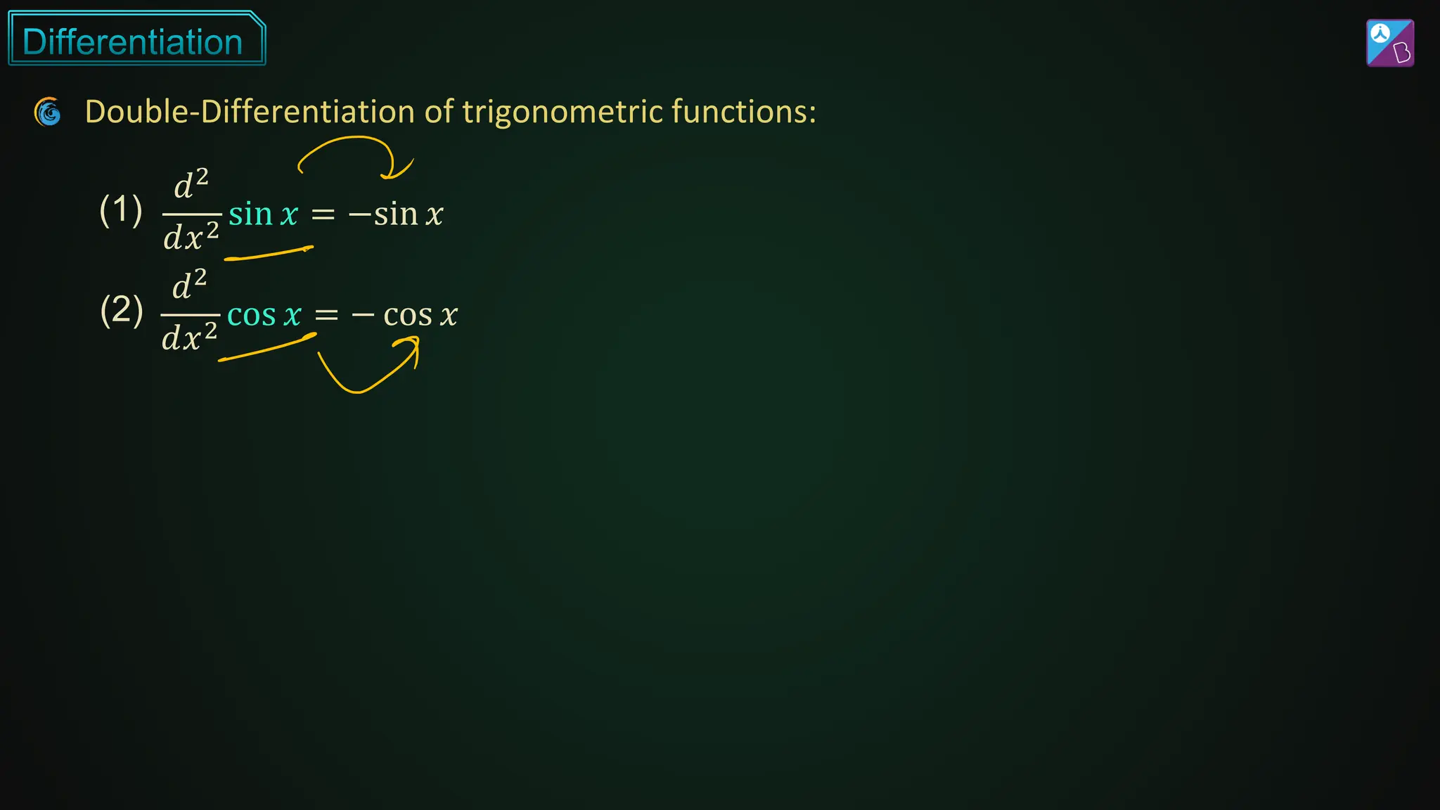 Double-Differentiation of trigonometric functions:
(1)
(2)
𝑑2
𝑑𝑥2
sin 𝑥 = −sin 𝑥
𝑑2
𝑑𝑥2
cos 𝑥 = − cos 𝑥
 