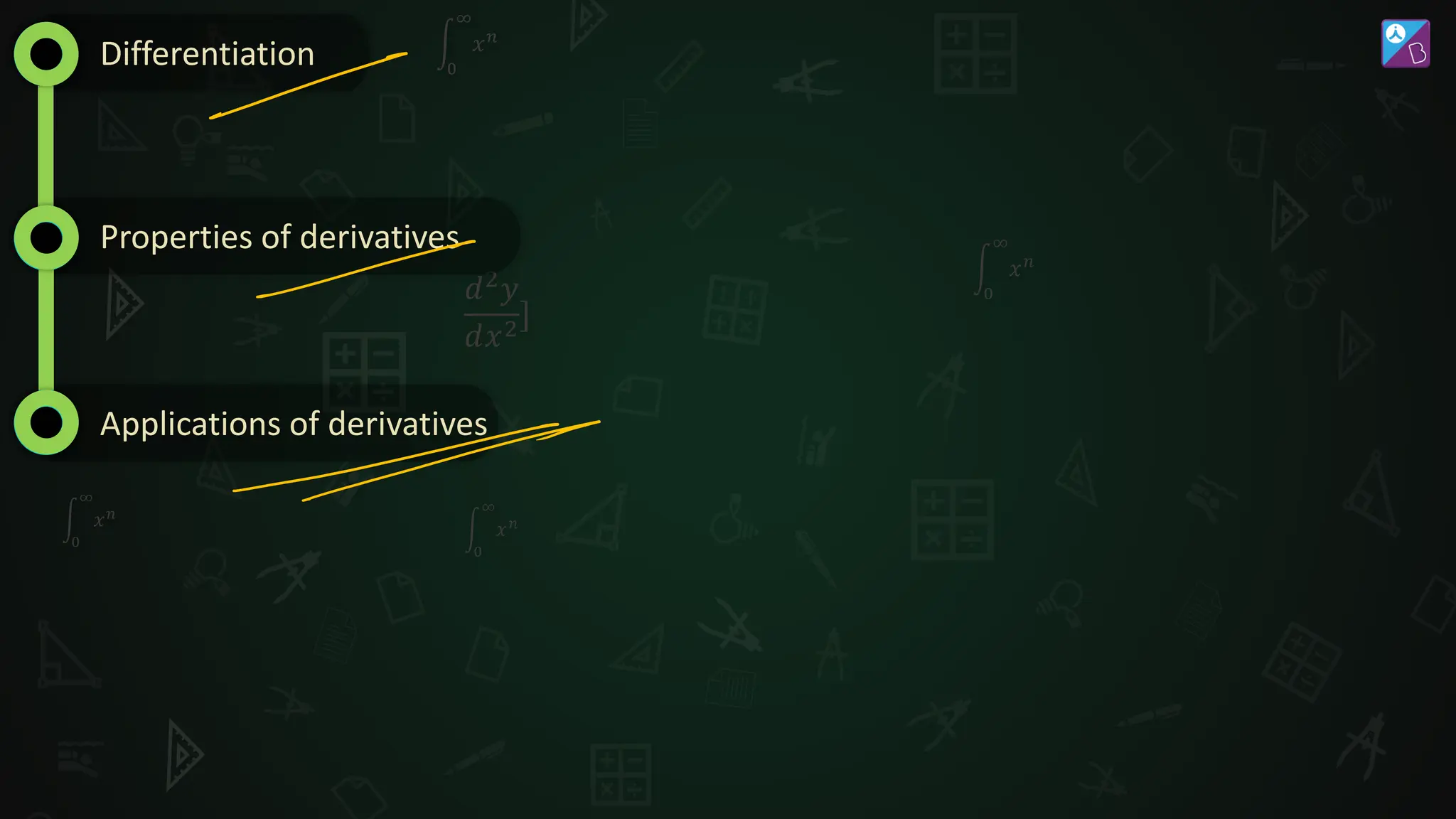 𝑑2𝑦
𝑑𝑥2]
න
0
∞
𝑥𝑛
න
0
∞
𝑥𝑛
න
0
∞
𝑥𝑛
න
0
∞
𝑥𝑛
න
0
∞
𝑥𝑛
Differentiation
Properties of derivatives
Applications of derivatives
 