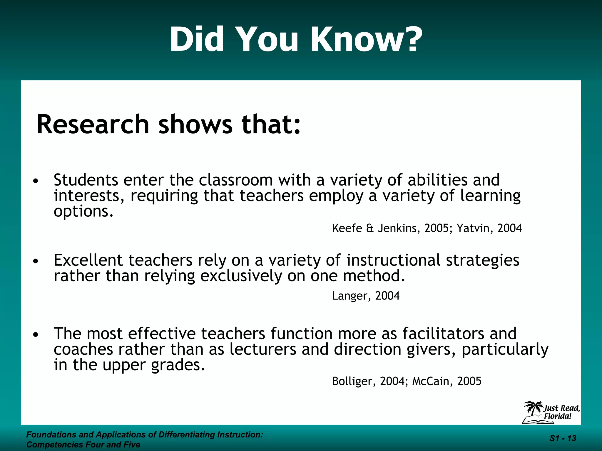 Did You Know?  Research shows that: Students enter the classroom with a variety of abilities and interests, requiring that teachers employ a variety of learning options.  Keefe & Jenkins, 2005; Yatvin, 2004 Excellent teachers rely on a variety of instructional strategies rather than relying exclusively on one method.   Langer, 2004 The most effective teachers function more as facilitators and coaches rather than as lecturers and direction givers, particularly in the upper grades.  Bolliger, 2004; McCain, 2005 Foundations and Applications of Differentiating Instruction: Competencies Four and Five S1 -  Foundations and Applications of Differentiating Instruction: Competencies Four and Five S1 -  