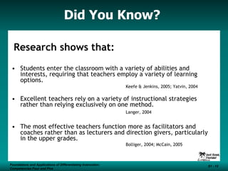 Did You Know?  Research shows that: Students enter the classroom with a variety of abilities and interests, requiring that teachers employ a variety of learning options.  Keefe & Jenkins, 2005; Yatvin, 2004 Excellent teachers rely on a variety of instructional strategies rather than relying exclusively on one method.   Langer, 2004 The most effective teachers function more as facilitators and coaches rather than as lecturers and direction givers, particularly in the upper grades.  Bolliger, 2004; McCain, 2005 Foundations and Applications of Differentiating Instruction: Competencies Four and Five S1 -  Foundations and Applications of Differentiating Instruction: Competencies Four and Five S1 -  