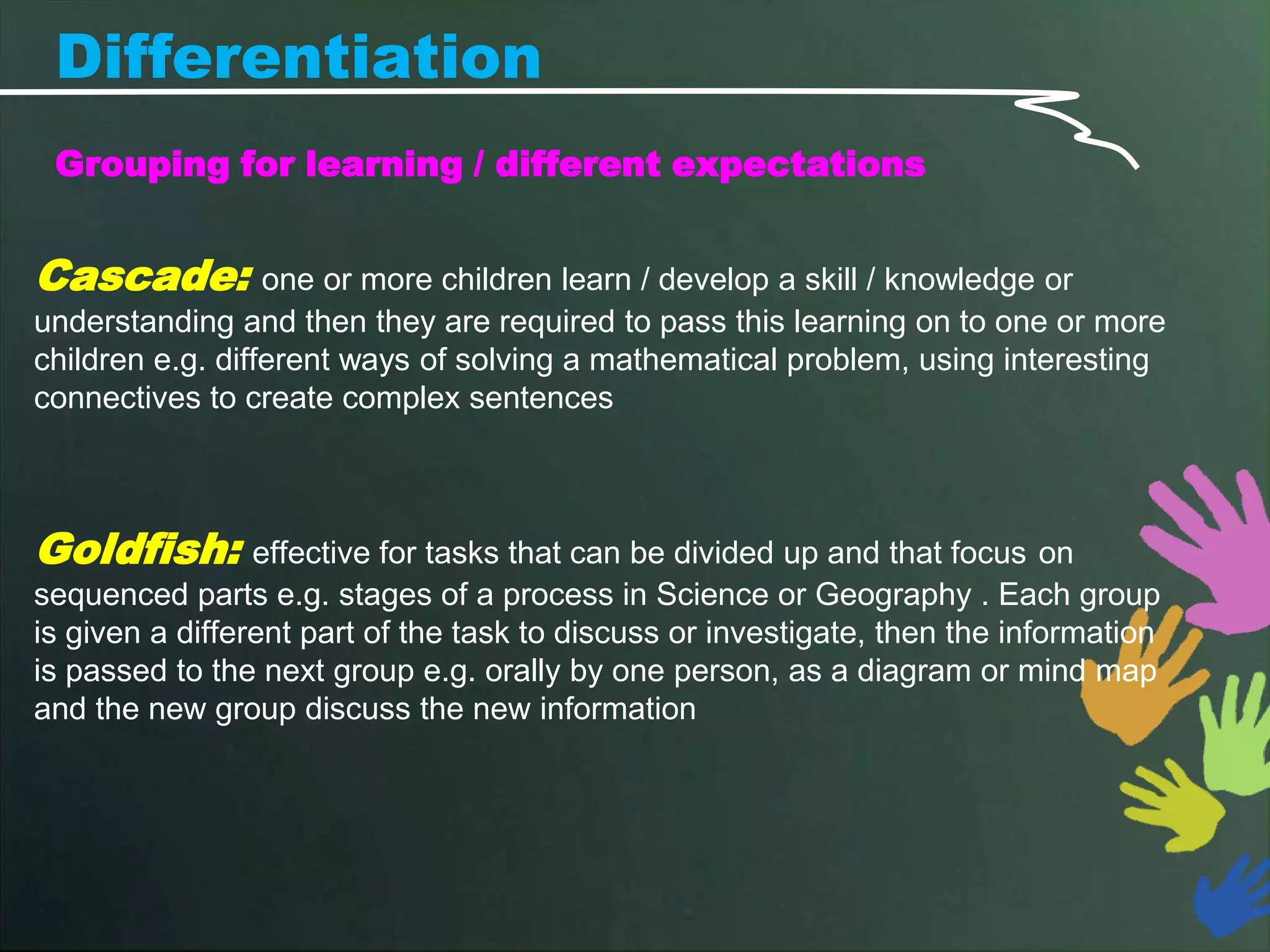 Differentiation
 Grouping for learning / different expectations


Cascade:          one or more children learn / develop a skill / knowledge or
understanding and then they are required to pass this learning on to one or more
children e.g. different ways of solving a mathematical problem, using interesting
connectives to create complex sentences



Goldfish: effective for tasks that can be divided up and that focus on
sequenced parts e.g. stages of a process in Science or Geography . Each group
is given a different part of the task to discuss or investigate, then the information
is passed to the next group e.g. orally by one person, as a diagram or mind map
and the new group discuss the new information
 