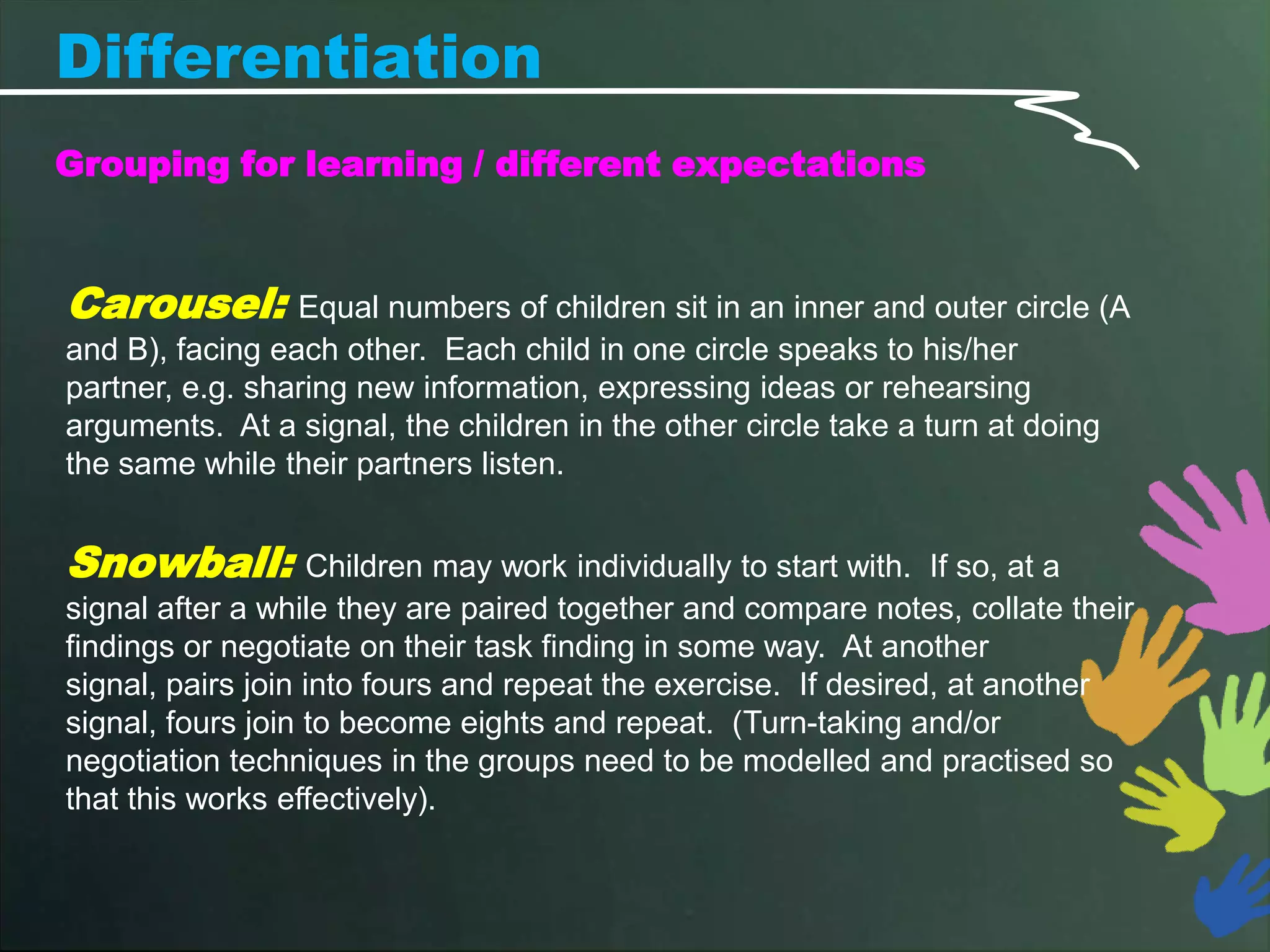 Differentiation
Grouping for learning / different expectations



Carousel: Equal numbers of children sit in an inner and outer circle (A
and B), facing each other. Each child in one circle speaks to his/her
partner, e.g. sharing new information, expressing ideas or rehearsing
arguments. At a signal, the children in the other circle take a turn at doing
the same while their partners listen.


Snowball: Children may work individually to start with.          If so, at a
signal after a while they are paired together and compare notes, collate their
findings or negotiate on their task finding in some way. At another
signal, pairs join into fours and repeat the exercise. If desired, at another
signal, fours join to become eights and repeat. (Turn-taking and/or
negotiation techniques in the groups need to be modelled and practised so
that this works effectively).
 