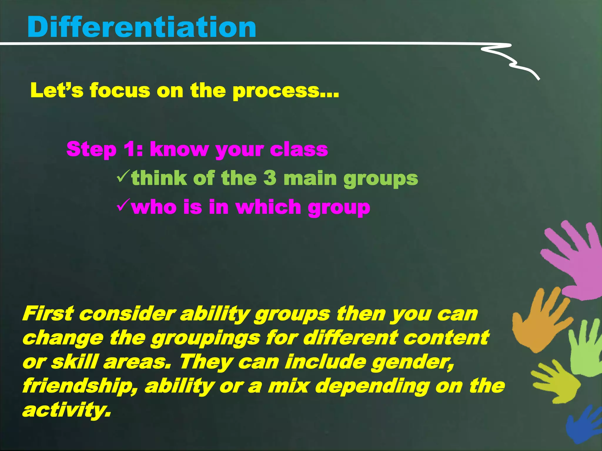 Differentiation

Let’s focus on the process…

    Step 1: know your class
        think of the 3 main groups
        who is in which group




First consider ability groups then you can
change the groupings for different content
or skill areas. They can include gender,
friendship, ability or a mix depending on the
activity.
 