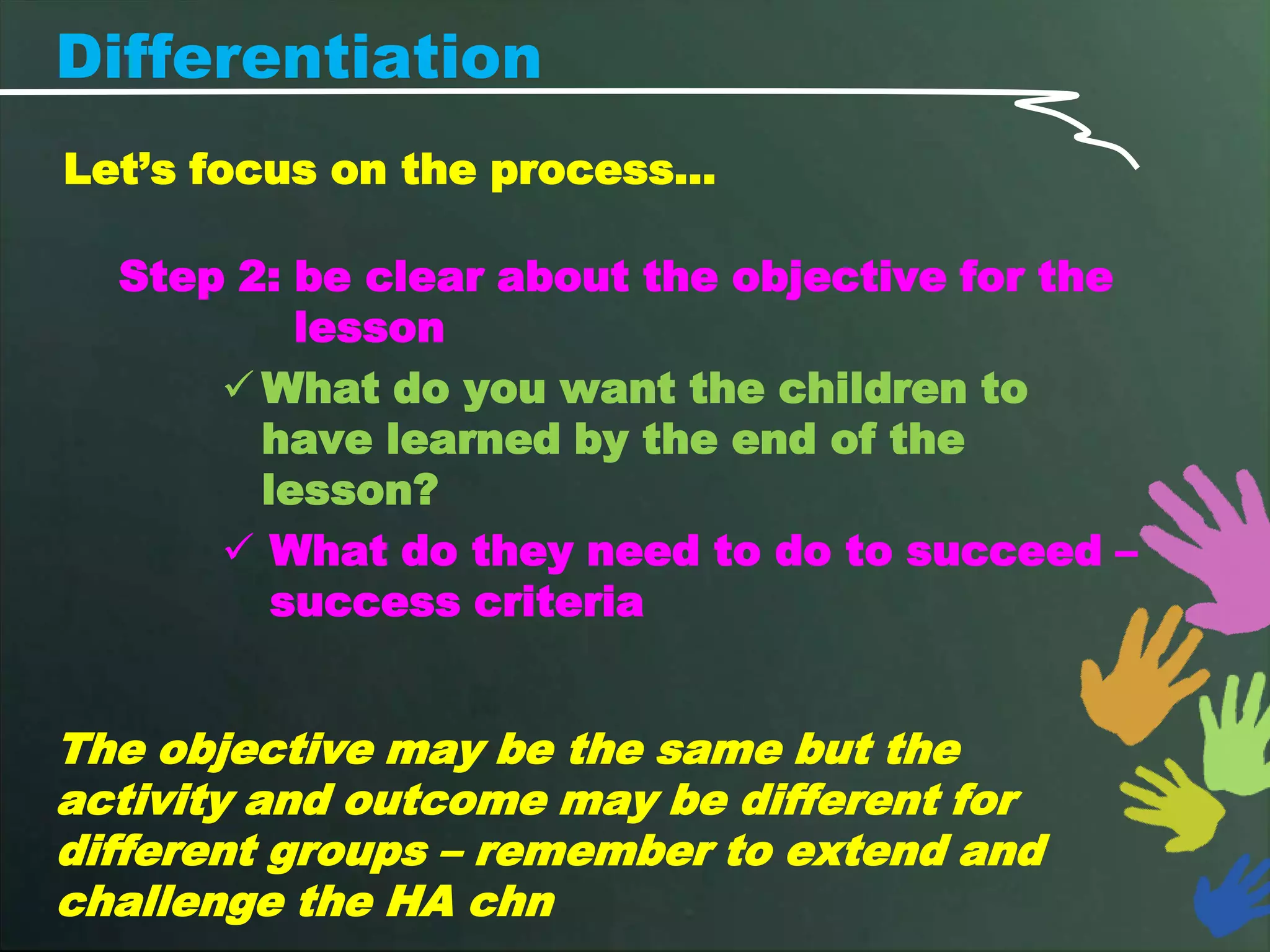Differentiation
Let’s focus on the process…

  Step 2: be clear about the objective for the
          lesson
       What do you want the children to
        have learned by the end of the
        lesson?
       What do they need to do to succeed –
         success criteria


The objective may be the same but the
activity and outcome may be different for
different groups – remember to extend and
challenge the HA chn
 