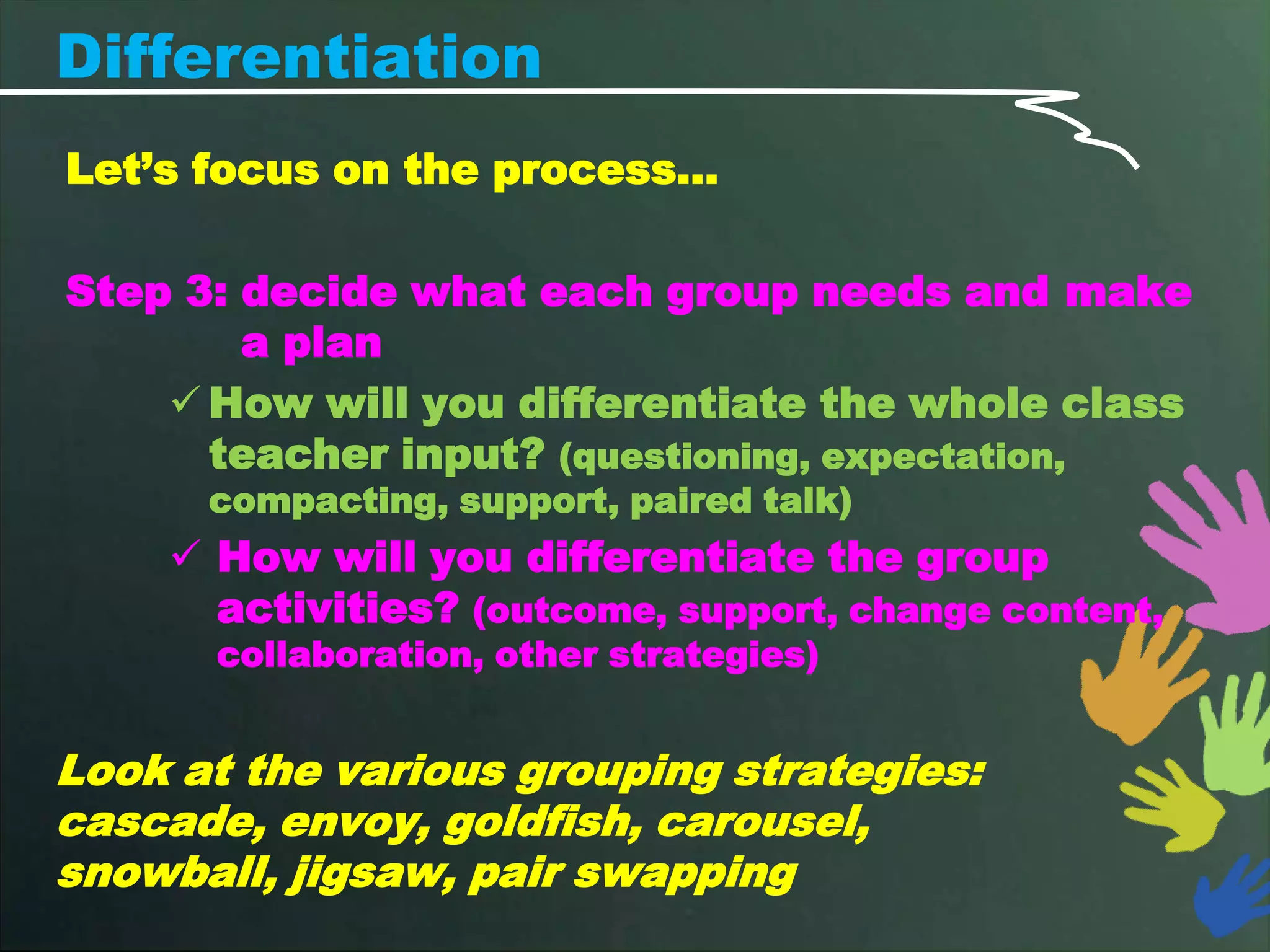 Differentiation
Let’s focus on the process…

Step 3: decide what each group needs and make
        a plan
     How will you differentiate the whole class
      teacher input? (questioning, expectation,
      compacting, support, paired talk)
     How will you differentiate the group
      activities? (outcome, support, change content,
      collaboration, other strategies)


Look at the various grouping strategies:
cascade, envoy, goldfish, carousel,
snowball, jigsaw, pair swapping
 