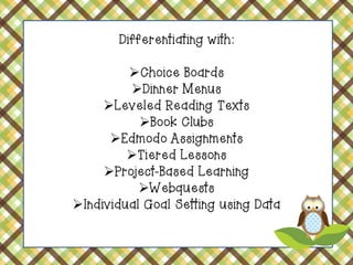 Differentiating with: 
Choice Boards 
Dinner Menus 
Leveled Reading Texts 
Book Clubs 
Edmodo Assignments 
Tiered Lessons 
Project-Based Learning 
Webquests 
Individual Goal Setting using Data  