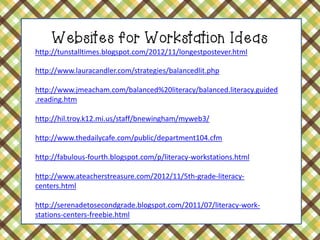 Websites for Workstation Ideas 
http://tunstalltimes.blogspot.com/2012/11/longestpostever.html 
http://www.lauracandler.com/strategies/balancedlit.php http://www.jmeacham.com/balanced%20literacy/balanced.literacy.guided.reading.htm http://hil.troy.k12.mi.us/staff/bnewingham/myweb3/ http://www.thedailycafe.com/public/department104.cfm http://fabulous-fourth.blogspot.com/p/literacy-workstations.html http://www.ateacherstreasure.com/2012/11/5th-grade-literacy- centers.html http://serenadetosecondgrade.blogspot.com/2011/07/literacy-work- stations-centers-freebie.html  