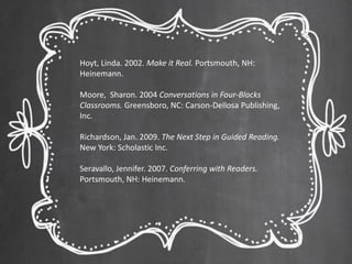 Hoyt, Linda. 2002. Make it Real. Portsmouth, NH: Heinemann. Moore, Sharon. 2004 Conversations in Four-Blocks Classrooms. Greensboro, NC: Carson-Dellosa Publishing, Inc. Richardson, Jan. 2009. The Next Step in Guided Reading. New York: Scholastic Inc. Seravallo, Jennifer. 2007. Conferring with Readers. Portsmouth, NH: Heinemann. 