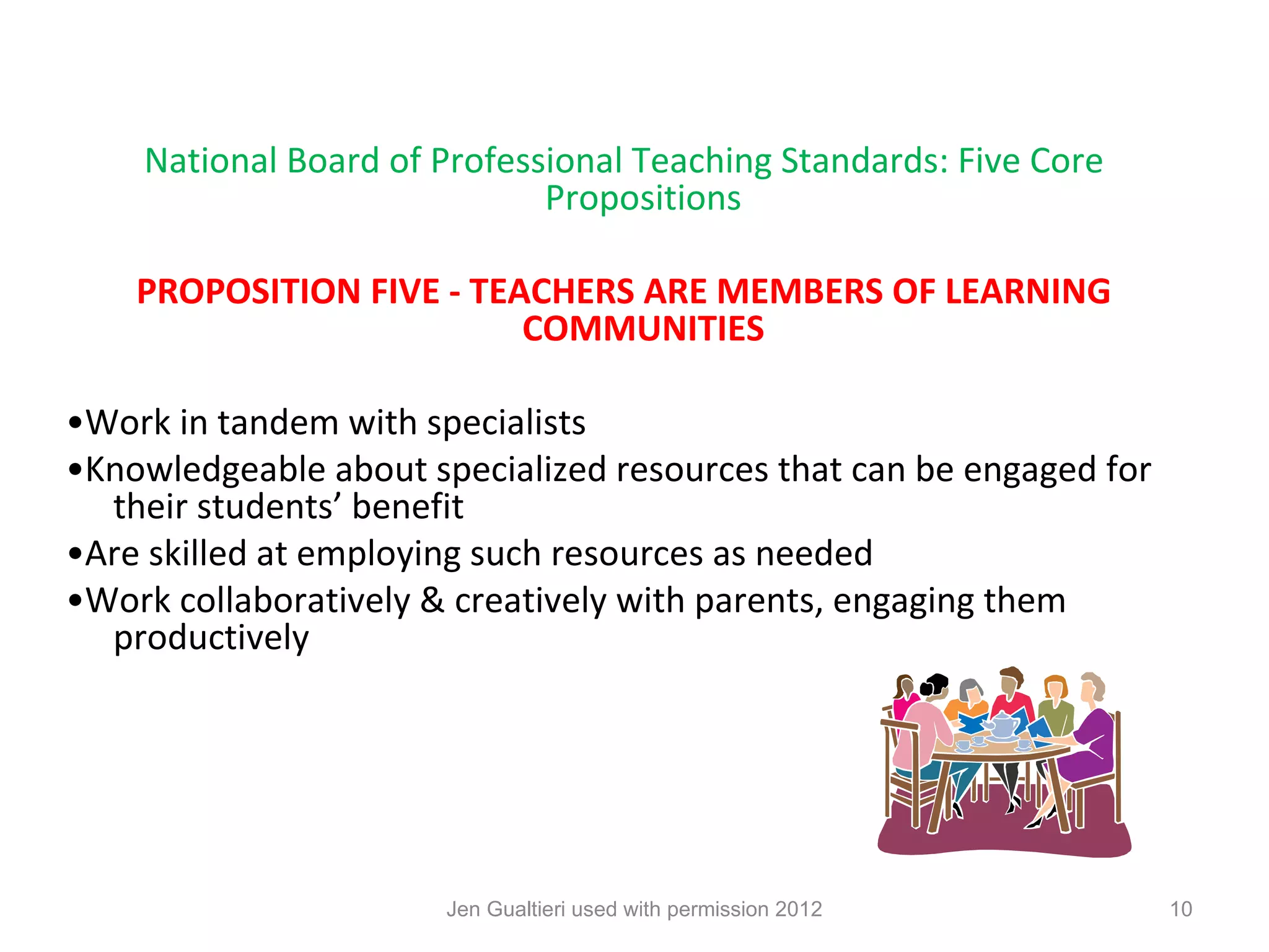 National Board of Professional Teaching Standards: Five Core
                             Propositions

    PROPOSITION FIVE - TEACHERS ARE MEMBERS OF LEARNING
                          COMMUNITIES

•Work in tandem with specialists
•Knowledgeable about specialized resources that can be engaged for
  their students’ benefit
•Are skilled at employing such resources as needed
•Work collaboratively & creatively with parents, engaging them
  productively




                       Jen Gualtieri used with permission 2012       10
 