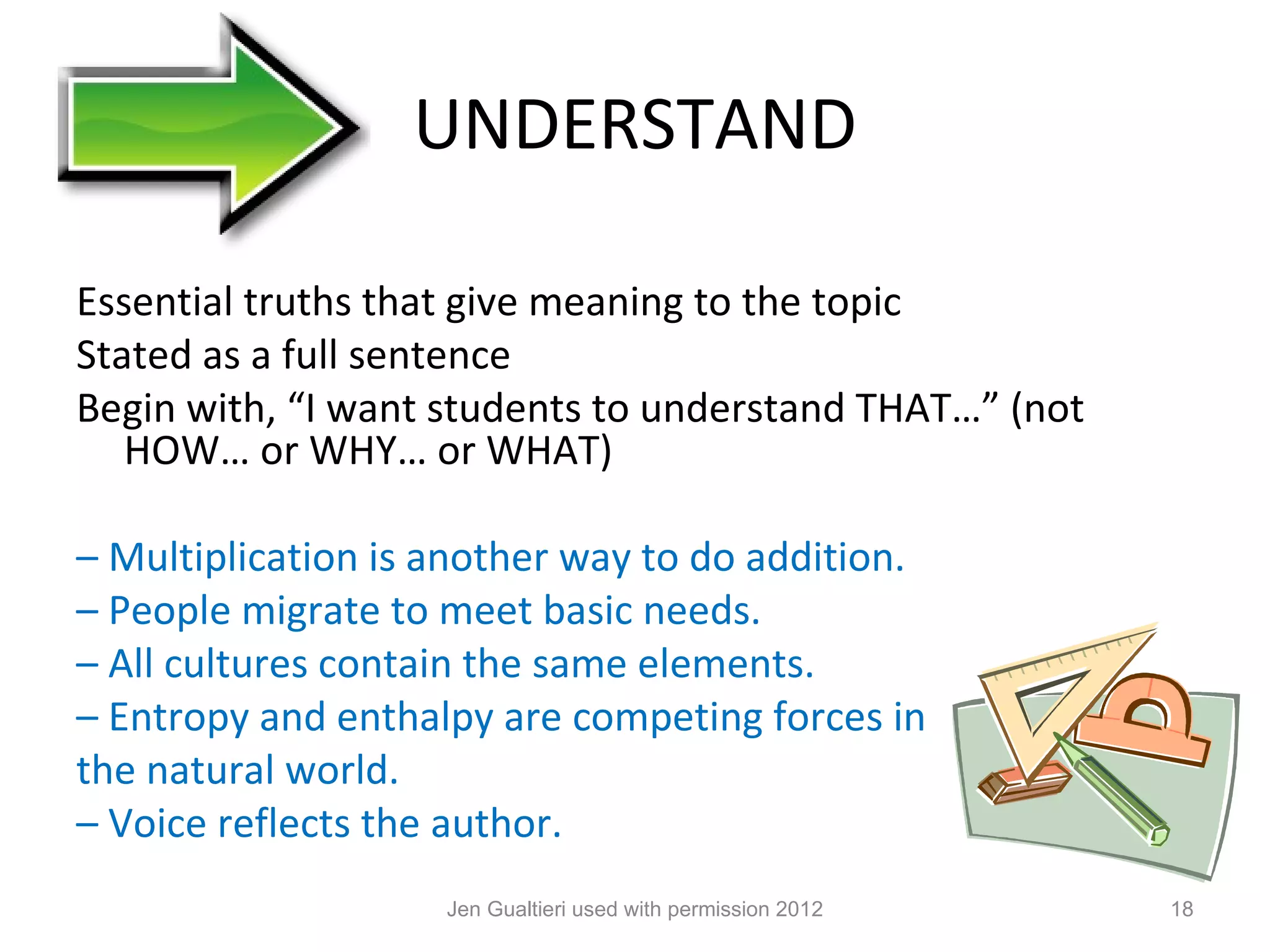 UNDERSTAND

Essential truths that give meaning to the topic
Stated as a full sentence
Begin with, “I want students to understand THAT…” (not
   HOW… or WHY… or WHAT)

– Multiplication is another way to do addition.
– People migrate to meet basic needs.
– All cultures contain the same elements.
– Entropy and enthalpy are competing forces in
the natural world.
– Voice reflects the author.
                    Jen Gualtieri used with permission 2012   18
 