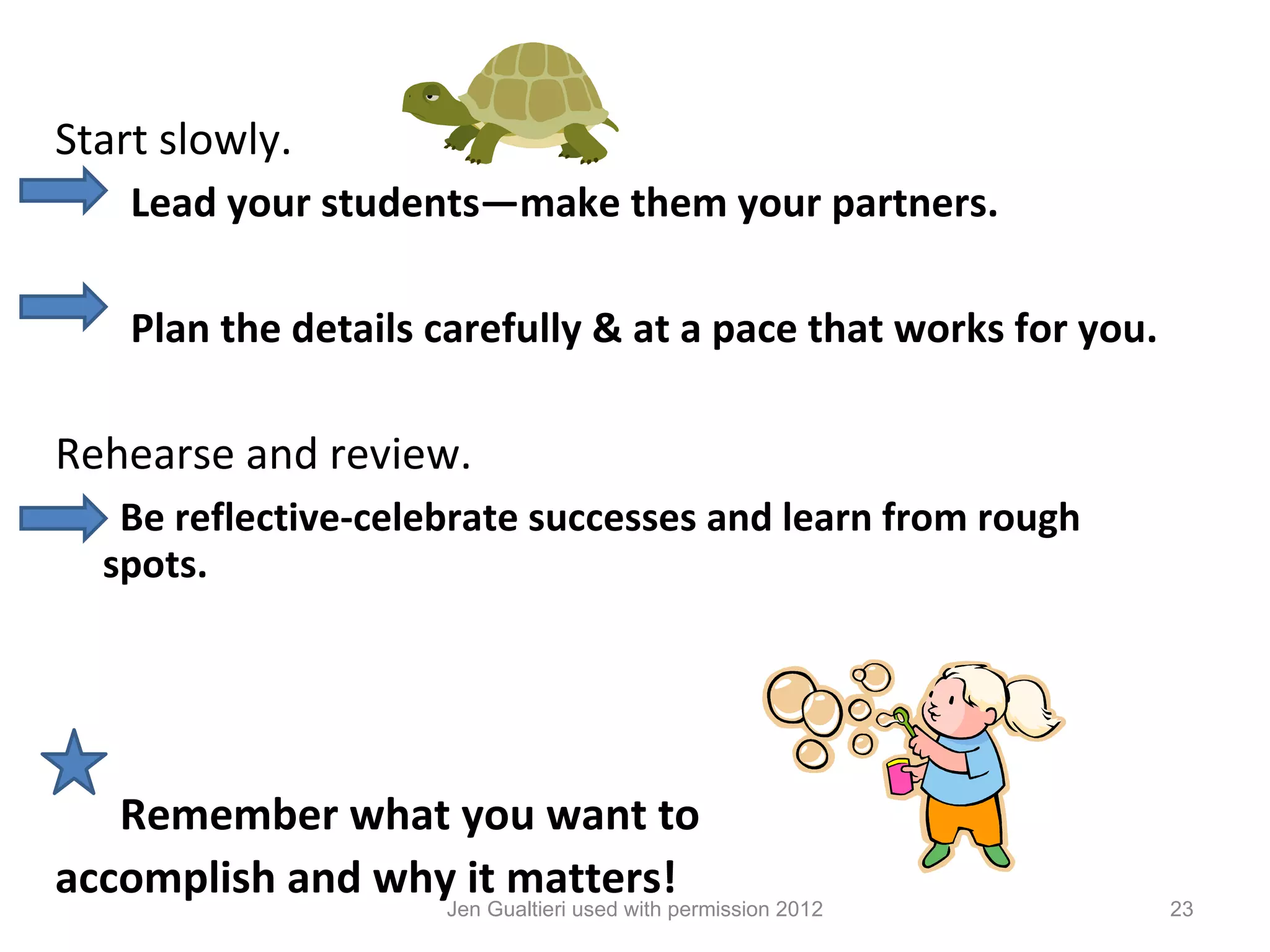 Start slowly.
     Lead your students—make them your partners.

     Plan the details carefully & at a pace that works for you.

Rehearse and review.
    Be reflective-celebrate successes and learn from rough
   spots.




   Remember what you want to
accomplish and whyJen Gualtieri used with permission 2012
                    it matters!
                                                                  23
 