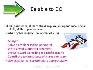 Be able to DO

Skills (basic skills, skills of the discipline, independence, social
   skills, skills of production)
Verbs or phrases (not the whole activity)

– Analyze
– Solve a problem to find perimeter
– Write a well supported argument
– Evaluate work according to specific criteria
– Contribute to the success of a group or team
– Use graphics to represent data appropriately
                       Jen Gualtieri used with permission 2012         19
 