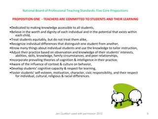 National Board of Professional Teaching Standards: Five Core Propositions

  PROPOSITION ONE - TEACHERS ARE COMMITTED TO STUDENTS AND THEIR LEARNING

•Dedicated to making knowledge accessible to all students,
•Believe in the worth and dignity of each individual and in the potential that exists within
    each child,
•Treat students equitably, but do not treat them alike,
•Recognize individual differences that distinguish one student from another,
•Know many things about individual students and use the knowledge to tailor instruction,
•Adjust their practice based on observation and knowledge of their students’ interests,
    abilities, skills, knowledge, family circumstances, and peer relationships,
•Incorporate prevailing theories of cognition & intelligence in their practice,
•Aware of the influence of context & culture on behavior,
•Develop students’ cognitive capacity & respect for learning,
•Foster students’ self-esteem, motivation, character, civic responsibility, and their respect
    for individual, cultural, religious & racial differences.




                                 Jen Gualtieri used with permission 2012                        6
 