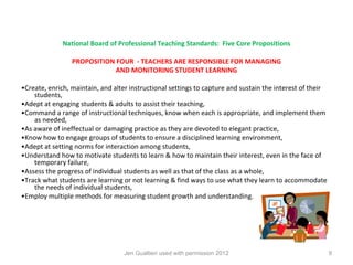 National Board of Professional Teaching Standards: Five Core Propositions

                 PROPOSITION FOUR - TEACHERS ARE RESPONSIBLE FOR MANAGING
                             AND MONITORING STUDENT LEARNING

•Create, enrich, maintain, and alter instructional settings to capture and sustain the interest of their
    students,
•Adept at engaging students & adults to assist their teaching,
•Command a range of instructional techniques, know when each is appropriate, and implement them
    as needed,
•As aware of ineffectual or damaging practice as they are devoted to elegant practice,
•Know how to engage groups of students to ensure a disciplined learning environment,
•Adept at setting norms for interaction among students,
•Understand how to motivate students to learn & how to maintain their interest, even in the face of
    temporary failure,
•Assess the progress of individual students as well as that of the class as a whole,
•Track what students are learning or not learning & find ways to use what they learn to accommodate
    the needs of individual students,
•Employ multiple methods for measuring student growth and understanding.




                                   Jen Gualtieri used with permission 2012                                 9
 