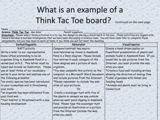 What is an example of a
                              Think Tac Toe board?                                                   Continued on the next page

Name ______________________________________________
Science Think Tac Toe due date:                          Parent signature _______________________________________
Directions: Please select three activities in a tic-tac toe design by placing a check mark in the box. These activities are aligned with
Howard Gardner’s multiple intelligences that we have been discussing in science class. You will have class time to complete these
assignments, but you may need to work at home if you think you will not meet the deadline.
             Verbal/linguistic                                Naturalist                                   Visual/spatial
               RAFT activity                  Compare/contrast two macro-                    Create a hand-drawn poster or
Write a leter to our representative           invertebrates we found in Assekonk             PowerPoint presentation of plants and
Diana Urban pretending to be an               Pond in a Venn diagram. Please include         animals found in Assekonk Pond. If you
organism living in Assekonk Pond or a         four entries in each category of the           would like to use pictures from the
vernal pool in N.S. This letter must by       Venn diagram and a picture of each             Internet, you must provide the web
typed and include an illustration. Please     organism.                                      sites you used.
use at least three of our vocabulary          *You may complete this activity on the         *Create a food web including arrows
words in your letter and address one of       computer in a Microsoft Word document          showing the direction of energy flow
the following problems:                       and include pictures from the Internet.        *Label organisms with names and
*an exotic species has been introduced        *Please remember to include the web            feeding levels
to your ecosystem and is threatening          sites of your pictures.                        *Animals and plants must be living in
your niche                                                        Or                         Connecticut
*an organism has been eliminated from          Create a scavenger hunt with five of
your food web                                 the plants or animals we saw outside
*Your habitat is threatened with a new        when we went pond-dipping in Assekonk
housing development                           Pond. Please type the scavenger hunt
                                              and provide an illustration or a picture
                                              from the Internet (include the web
                                              sites you used)
 