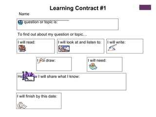 I will read: I will look at and listen to: I will write: I will draw: I will need: Here’s how I will share what I know: My question or topic is: I will finish by this date: To find out about my question or topic… Learning Contract #1 Name _______________________ 