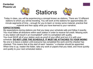 Today in class, you will be experiencing a concept known as stations. There are 12 different stations to which you will be traveling. You will work at the stations for approximately 20-minute segments of time – enough for you to learn or review some material, practice that material and then apply what you have learned to your narrative. EXPECTATIONS: My expectations during stations are that you keep your schedule safe and follow it exactly. You must follow all directions within each station in order to receive full credit. Missing work in any station will result in an incomplete/F until it is completed with quality. You must SAVE all of your station work as proof of your effort and turn it in with your schedule.  DO NOT LOSE THE SCHEDULE. IT MUST BE ATTACHED TO YOUR WORK! No one is to leave a station until everyone has completed the work and the checker has checked. This means that at the start of each “session,” a checker should be appointed. When time is up, neaten the folder, take any work or papers that you need, and move quickly and quietly to your next scheduled station.  Centerbar Phoenix LA Stations 