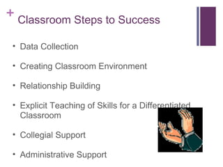 Classroom Steps to Success  Data Collection Creating Classroom Environment Relationship Building Explicit Teaching of Skills for a Differentiated Classroom Collegial Support Administrative Support 