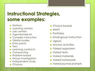 Instructional Strategies,
some examples:
    Stations                 Choice boards
    Learning centers         4MAT
    Lab centers
    Agenda/task list         Portfolios
    Complex instruction      Small group instruction
    Orbital studies          Jigsaw
    Entry points
                              Anchor activities
    Tiers
    Learning contracts       Varied organizers
    Compacting               Varied texts
    Problem-based            Varied materials
    Group investigation
                              Varied homework
    Independent study
    Choices                  Varied journal prompts
 