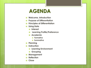 AGENDA
   Welcome, Introduction
   Purpose of Differentiation
   Principles of Differentiation
   Using Data
     Interest
     Learning Profile/Preference
     Academic
          Formative
          Summative
   Planning
   Instruction
     Learning Environment
     Grouping
   Management
   Reflection
   Close
 