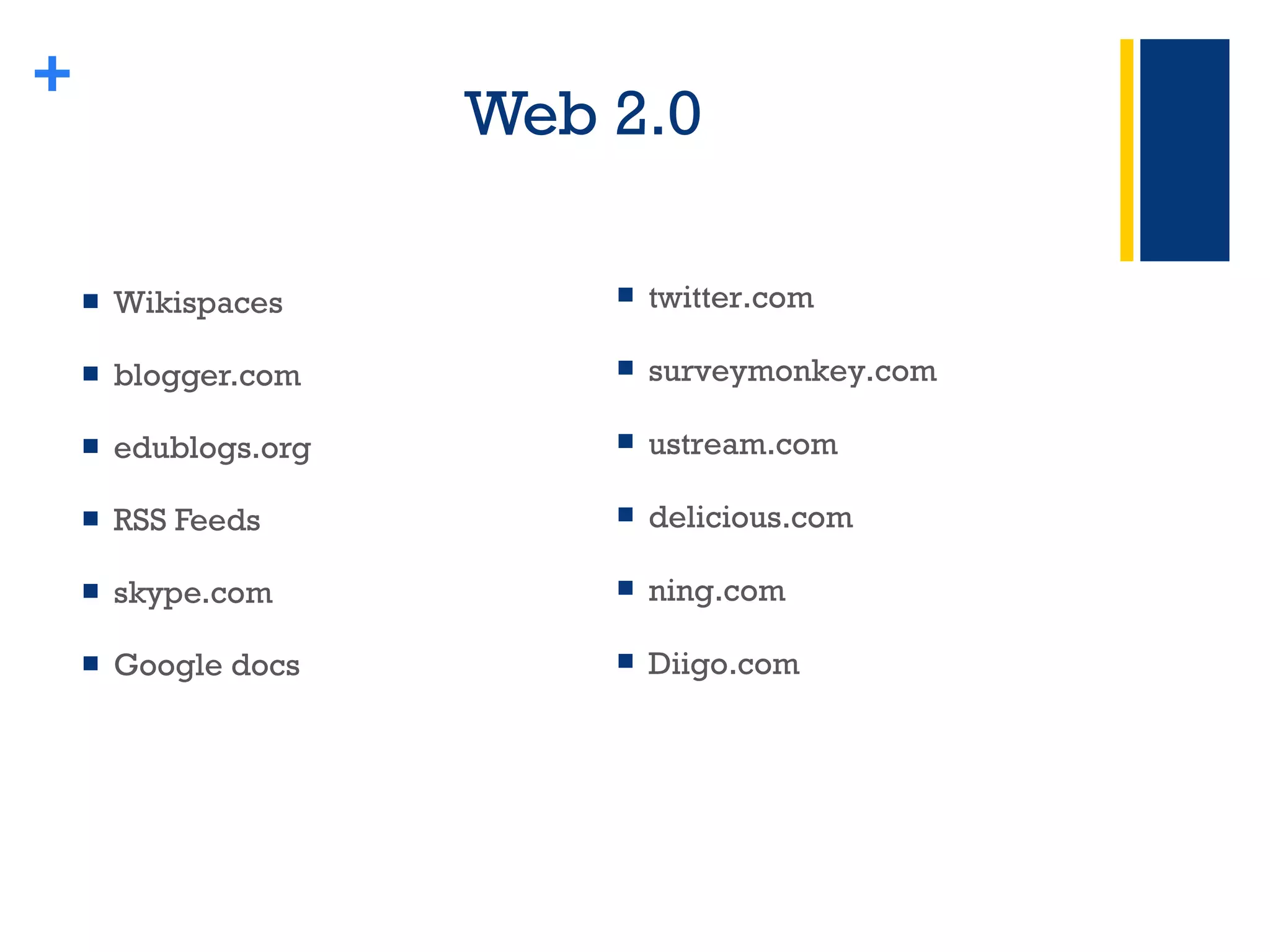 Web 2.0  Wikispaces blogger.com edublogs.org RSS Feeds skype.com Google docs + twitter.com surveymonkey.com ustream.com delicious.com ning.com Diigo.com 