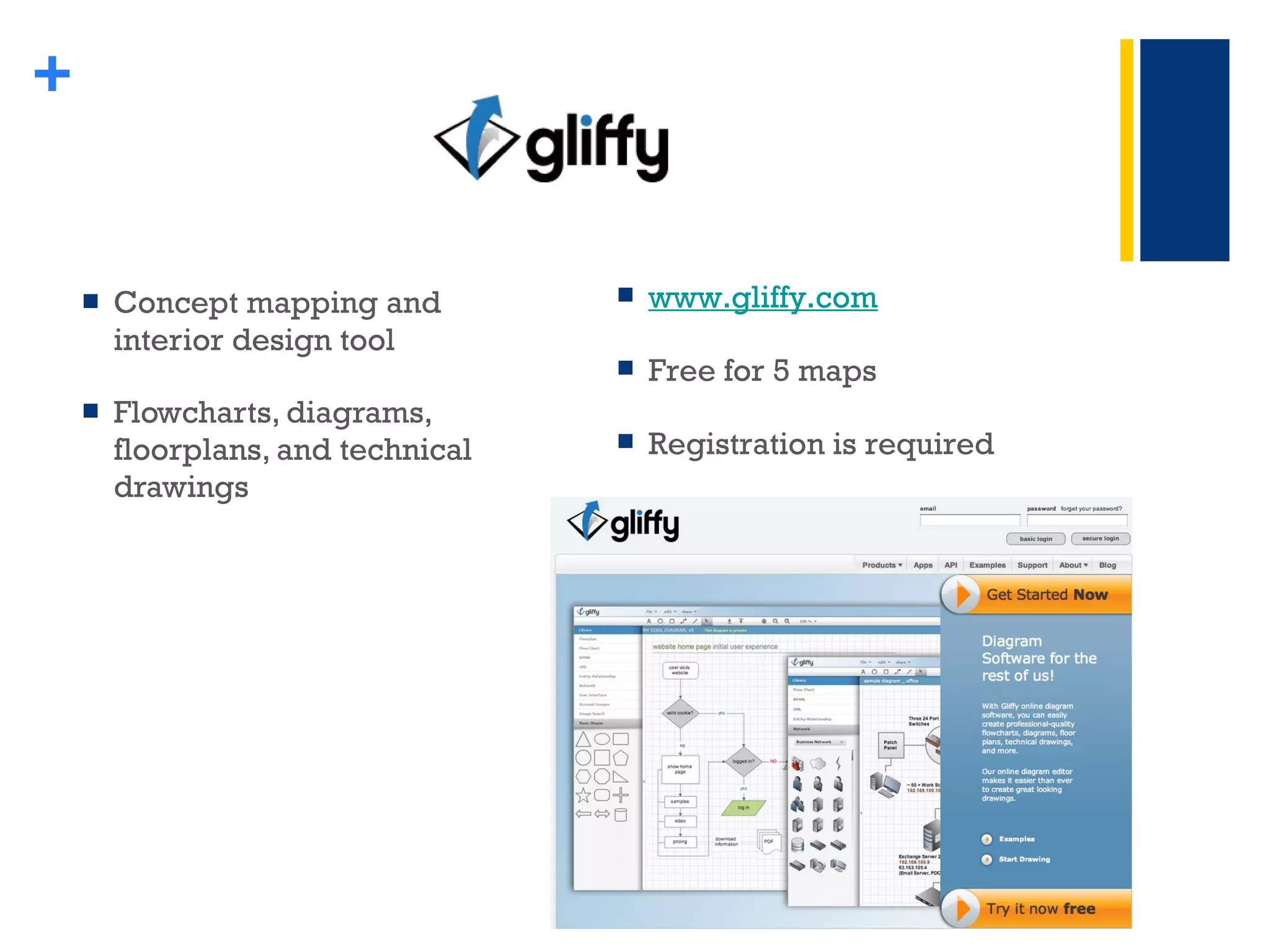 Concept mapping and interior design tool  Flowcharts, diagrams, floorplans, and technical drawings  + www.gliffy.com   Free for 5 maps Registration is required  