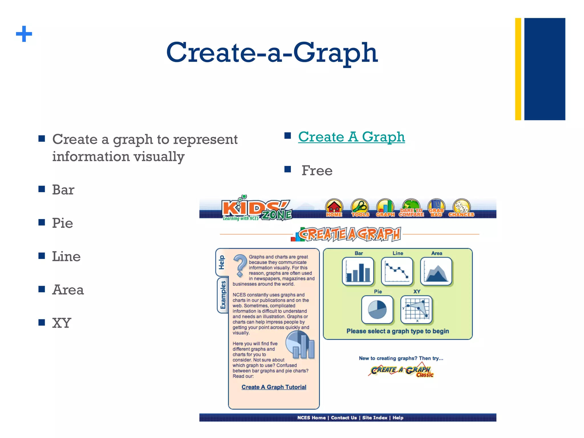 Create-a-Graph Create a graph to represent information visually Bar Pie Line  Area XY + Create A Graph Free 