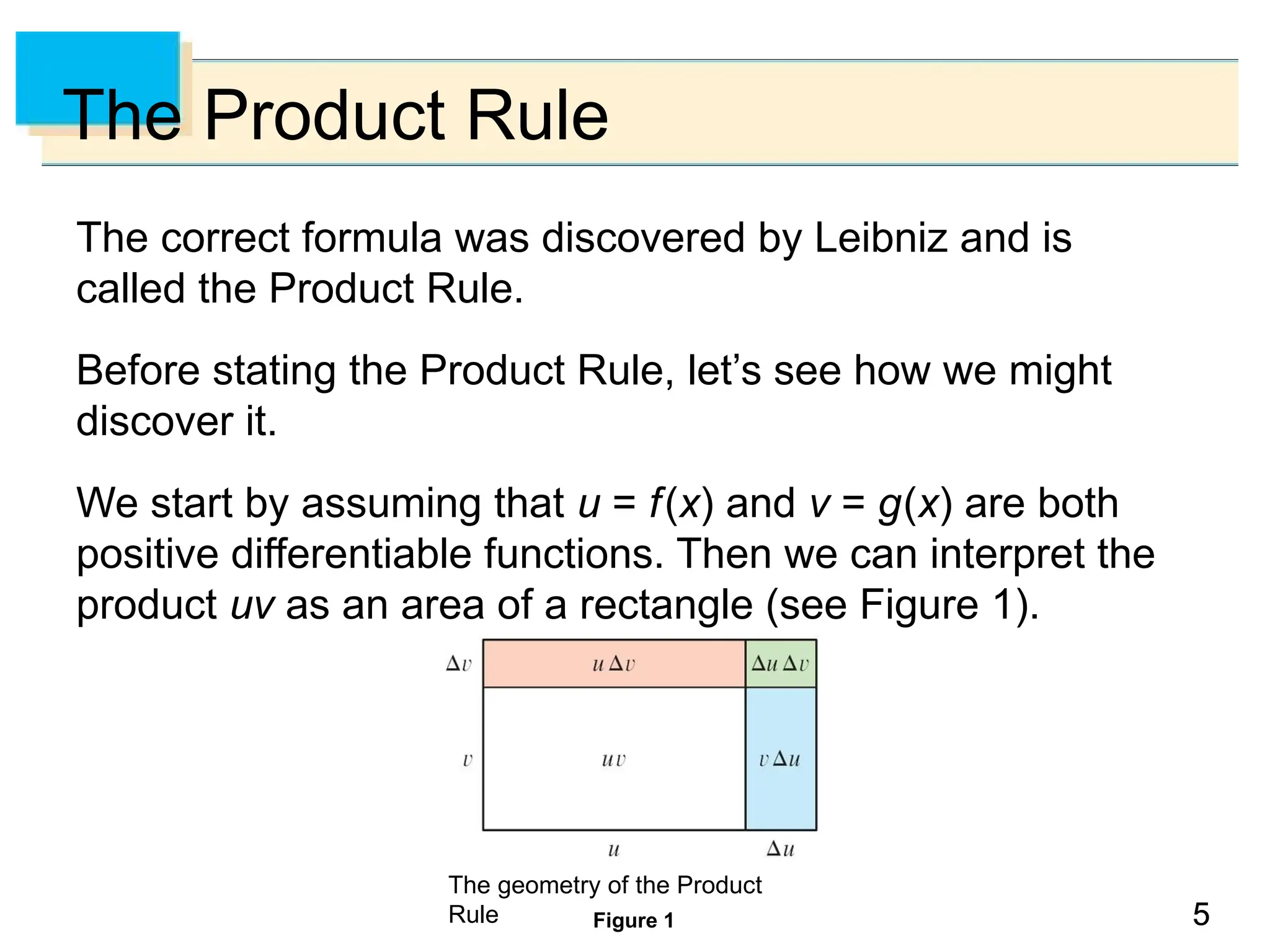 5
5
5
The Product Rule
The correct formula was discovered by Leibniz and is
called the Product Rule.
Before stating the Product Rule, let’s see how we might
discover it.
We start by assuming that u = f(x) and v = g(x) are both
positive differentiable functions. Then we can interpret the
product uv as an area of a rectangle (see Figure 1).
Figure 1
The geometry of the Product
Rule
 