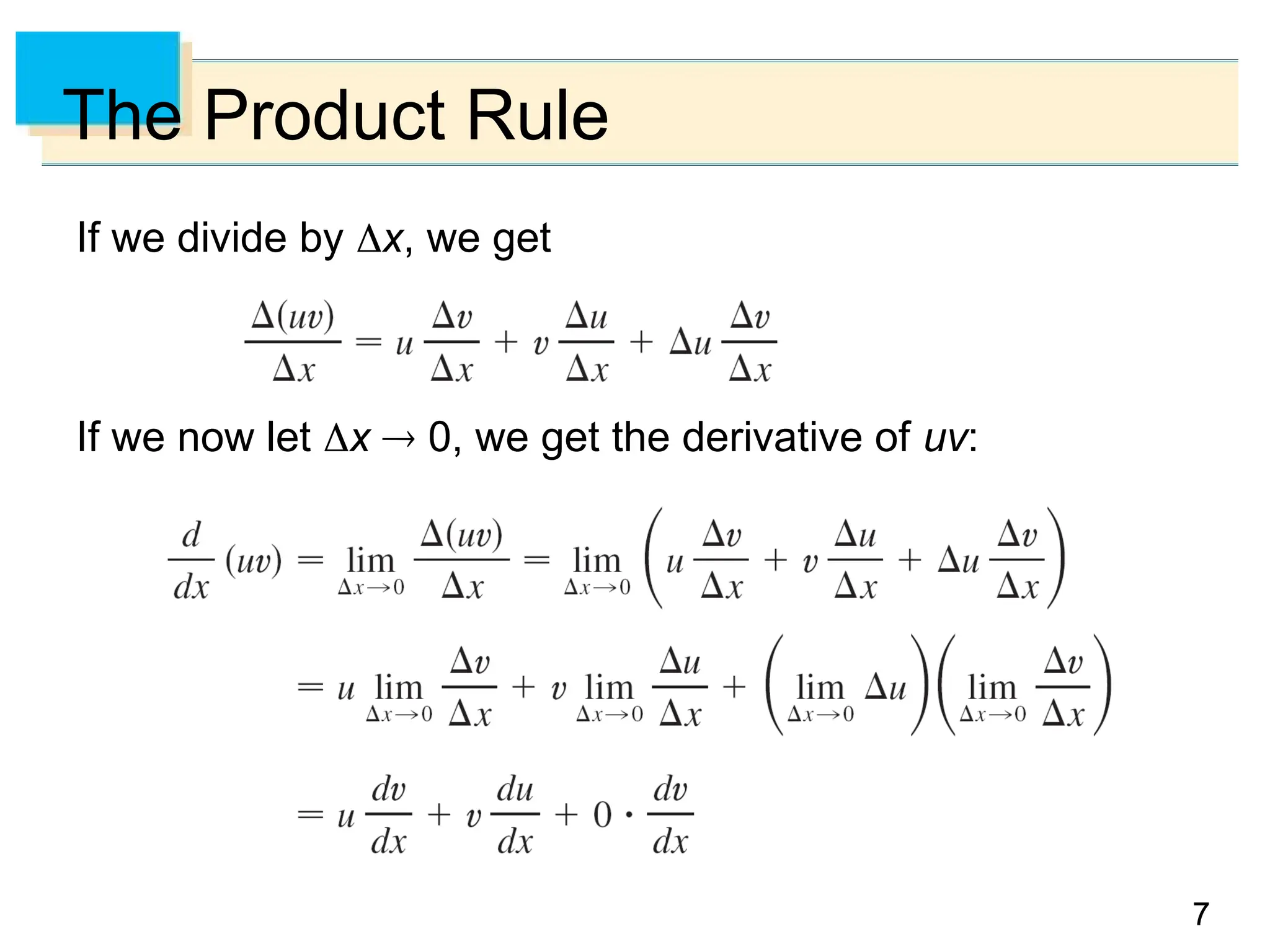 7
7
7
The Product Rule
If we divide by x, we get
If we now let x  0, we get the derivative of uv:
 