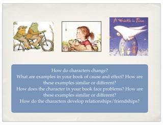 How do characters change?
What are examples in your book of cause and effect? How are
these examples similar or different?
How does the character in your book face problems? How are
these examples similar or different?
How do the characters develop relationships/friendships?
 