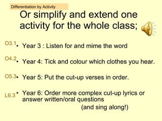 Or simplify and extend one activity for the whole class; Year 3 : Listen for and mime the word  Year 4: Tick and colour which clothes you hear. Year 5: Put the cut-up verses in order. Year 6: Order more complex cut-up lyrics or answer written/oral questions (and sing along!) Differentiation by Activity O3.1 O4.2 O5.3 L6.3 