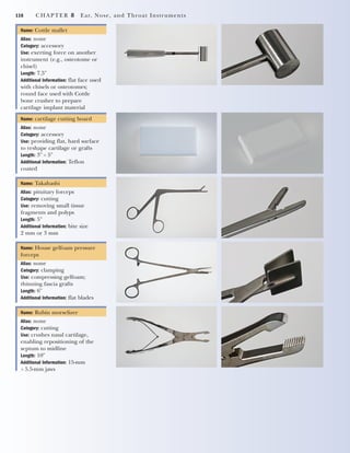 116 CHAPTER 8 Ear, Nose, and Throat Instruments
Name: Cottle mallet
Alias: none
Category: accessory
Use: exerting force on another
instrument (e.g., osteotome or
chisel)
Length: 7.5"
Additional Information: flat face used
with chisels or osteotomes;
round face used with Cottle
bone crusher to prepare
cartilage implant material
Name: cartilage cutting board
Alias: none
Category: accessory
Use: providing flat, hard surface
to reshape cartilage or grafts
Length: 3" ϫ 5"
Additional Information: Teflon
coated
Name: Takahashi
Alias: pituitary forceps
Category: cutting
Use: removing small tissue
fragments and polyps
Length: 5"
Additional Information: bite size
2 mm or 3 mm
Name: House gelfoam pressure
forceps
Alias: none
Category: clamping
Use: compressing gelfoam;
thinning fascia grafts
Length: 6"
Additional Information: flat blades
Name: Rubin morselizer
Alias: none
Category: cutting
Use: crushes nasal cartilage,
enabling repositioning of the
septum to midline
Length: 10"
Additional Information: 15-mm
ϫ 5.5-mm jaws
2545_Ch08_101-120 18/10/11 12:18 PM Page 116
 