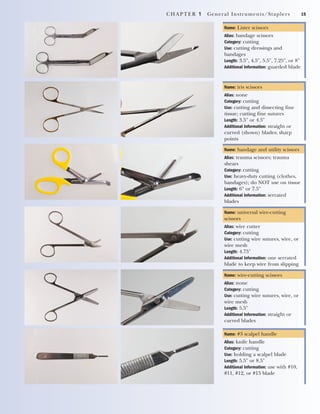 CHAPTER 1 General Instruments/Staplers 15
Name: Lister scissors
Alias: bandage scissors
Category: cutting
Use: cutting dressings and
bandages
Length: 3.5", 4.5", 5.5", 7.25", or 8"
Additional Information: guarded blade
Name: iris scissors
Alias: none
Category: cutting
Use: cutting and dissecting fine
tissue; cutting fine sutures
Length: 3.5" or 4.5"
Additional Information: straight or
curved (shown) blades; sharp
points
Name: bandage and utility scissors
Alias: trauma scissors; trauma
shears
Category: cutting
Use: heavy-duty cutting (clothes,
bandages); do NOT use on tissue
Length: 6" or 7.5"
Additional Information: serrated
blades
Name: universal wire-cutting
scissors
Alias: wire cutter
Category: cutting
Use: cutting wire sutures, wire, or
wire mesh
Length: 4.75"
Additional Information: one serrated
blade to keep wire from slipping
Name: wire-cutting scissors
Alias: none
Category: cutting
Use: cutting wire sutures, wire, or
wire mesh
Length: 5.5"
Additional Information: straight or
curved blades
Name: #3 scalpel handle
Alias: knife handle
Category: cutting
Use: holding a scalpel blade
Length: 5.5" or 8.5"
Additional Information: use with #10,
#11, #12, or #15 blade
2545_Ch01_001-028 18/10/11 11:43 AM Page 15
 