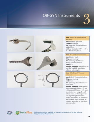 39
OB-GYN Instruments
3
Additional resources available on the back-of-book CD-ROM and online at
http://davisplus.fadavis.com/.
Name: Auvard weighted vaginal
speculum
Alias: weighted speculum
Category: retracting
Use: retracting the vaginal floor
Length: 24 cm
Additional Information: 2.75" ϫ 1.5" or
3" ϫ 1.5" blades; 2.5 lb
Name: DeLee bladder retractor
Alias: bladder blade
Category: retracting
Use: retracting the bladder
during cesarean section
Length: 9.25"
Additional Information: manual retrac-
tor; also available with blade
offset to left or right
Name: O’Sullivan-O’Connor
retractor
Alias: Irish; O’Connor-O’Sullivan
Category: retracting
Length: n/a
Use: retracting the abdominal or
pelvic wall
Additional Information: self-retaining;
interchangeable blades (45 mm
ϫ 80 mm and 70 mm ϫ 105 mm);
have moistened lap pads avail-
able to hand to the surgeon (to
use as padding between the
blades and tissue); all individual
pieces of the retractor must be
counted according to your insti-
tutional policy
2545_Ch03_039-050 18/10/11 12:04 PM Page 39
 