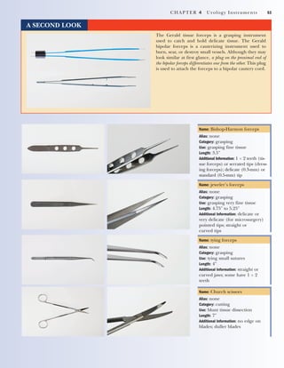 54 CHAPTER 4 Urology Instruments
Name: Metzenbaum scissors
Alias: Metz
Category: cutting
Use: cutting or dissecting
delica...