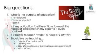 Big questions:
1. What is the purpose of education?
• To socialize?
• To emancipate?
• Both?
2. Is it my obligation to differentiate to meet the
needs of all learners in my class? Is it even
possible?
3. Is it better to teach “wide” or “deep”? (WHY?)
4. Should we be teaching…
• …“content” or “to the test”?
• …thinking skills?
• …LLLL: Life-long lovers of learning (aprender a aprender)?
• …ALL? (HOW?)
 