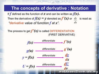 The concepts of derivative : Notation
If f defined as the function of x and can be written as f(x).
Then the derivative of f(x) = y denoted as f’(x) or is read as
“derivative value of function f at x”.
The process to get f’(x) is called DIFFERENTIATION
(FIRST DERIVATIVE)
dx
dy
f(x)
g(u)
y = f(x)
U = f(v)
f’(x)differentiate
g’(u)differentiate
dy
dx
differentiate
dU
dv
differentiate
 