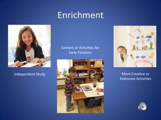 Enrichment


                    Centers or Activities for
                        Early Finishers




Independent Study                                More Creative or
                                                Extensive Activities
 