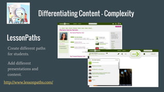 Differentiating Content - Complexity
http://www.lessonpaths.com/
LessonPaths
Create different paths
for students.
Add different
presentations and
content.
 