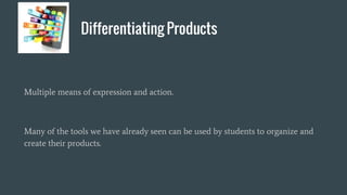 Differentiating Products
Multiple means of expression and action.
Many of the tools we have already seen can be used by students to organize and
create their products.
 