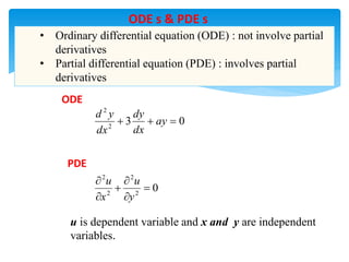 0
2
2
2
2






y
u
x
u
• Ordinary differential equation (ODE) : not involve partial
derivatives
• Partial differential equation (PDE) : involves partial
derivatives
ODE
0
3
2
2


 ay
dx
dy
dx
y
d
u is dependent variable and x and y are independent
variables.
PDE
ODE s & PDE s
 