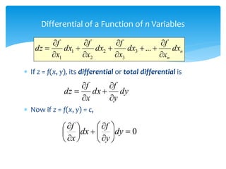 Differential of a Function of n Variables
 If z = f(x, y), its differential or total differential is
 Now if z = f(x, y) = c,
dy
y
f
dx
x
f
dz






0


















dy
y
f
dx
x
f
n
n
dx
x
f
dx
x
f
dx
x
f
dx
x
f
dz












 ...
3
3
2
2
1
1
 