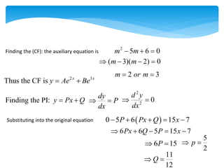 Finding the (CF): the auxiliary equation is
2
5 6 0
m m
  
2 3
m or m
 
2 3
Thus the CF is x x
y Ae Be
 
( 3)( 2) 0
m m
   
Finding the PI: y Px Q
 
dy
P
dx
 
2
2
0
d y
dx
 
Substituting into the original equation  
0 5 6 15 7
P Px Q x
    
6 6 5 15 7
Px Q P x
    
6 15
P
 
5
2
p
 
11
12
Q
 
 