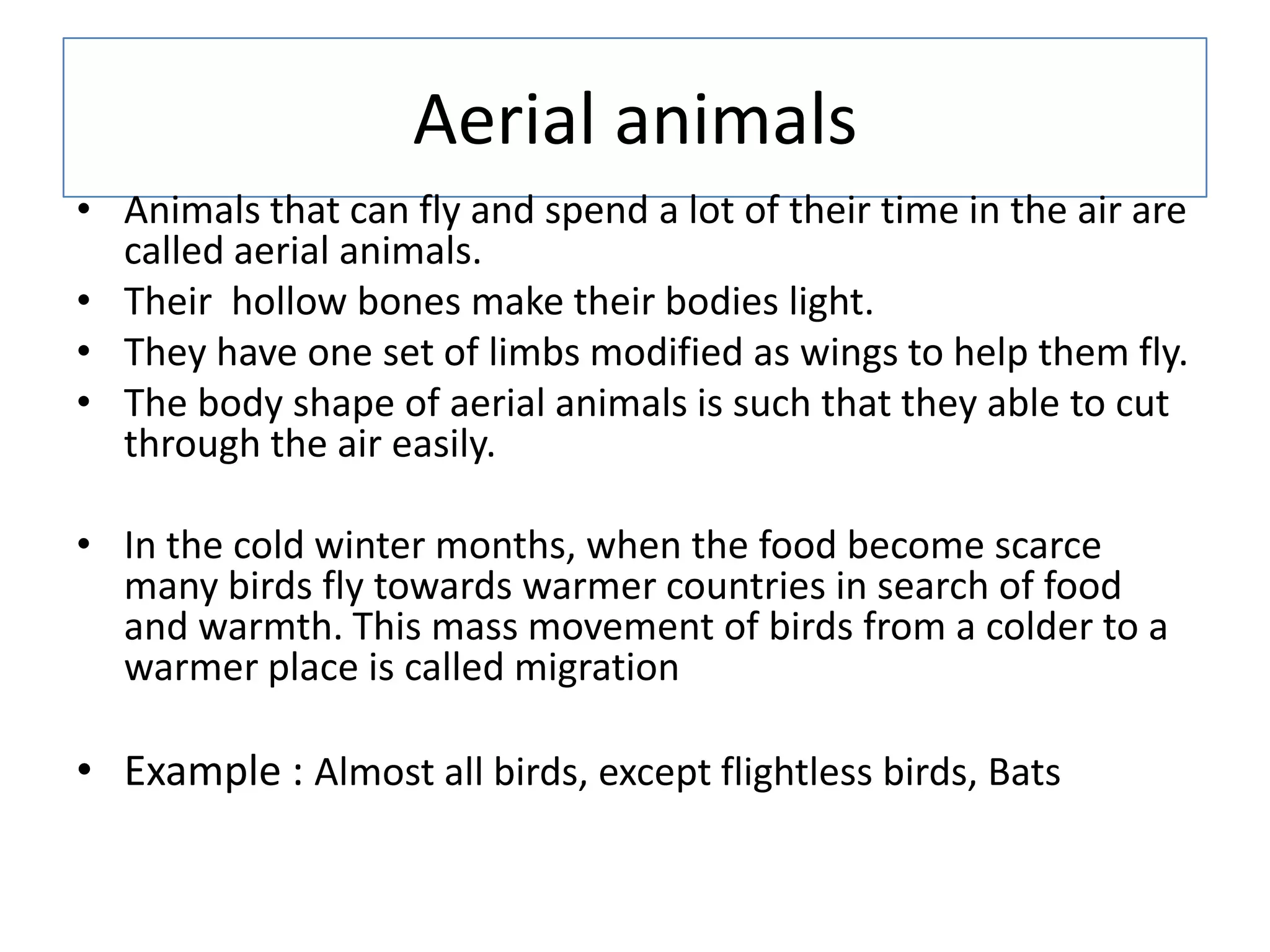Aerial animals
• Animals that can fly and spend a lot of their time in the air are
called aerial animals.
• Their hollow bones make their bodies light.
• They have one set of limbs modified as wings to help them fly.
• The body shape of aerial animals is such that they able to cut
through the air easily.
• In the cold winter months, when the food become scarce
many birds fly towards warmer countries in search of food
and warmth. This mass movement of birds from a colder to a
warmer place is called migration
• Example : Almost all birds, except flightless birds, Bats
 