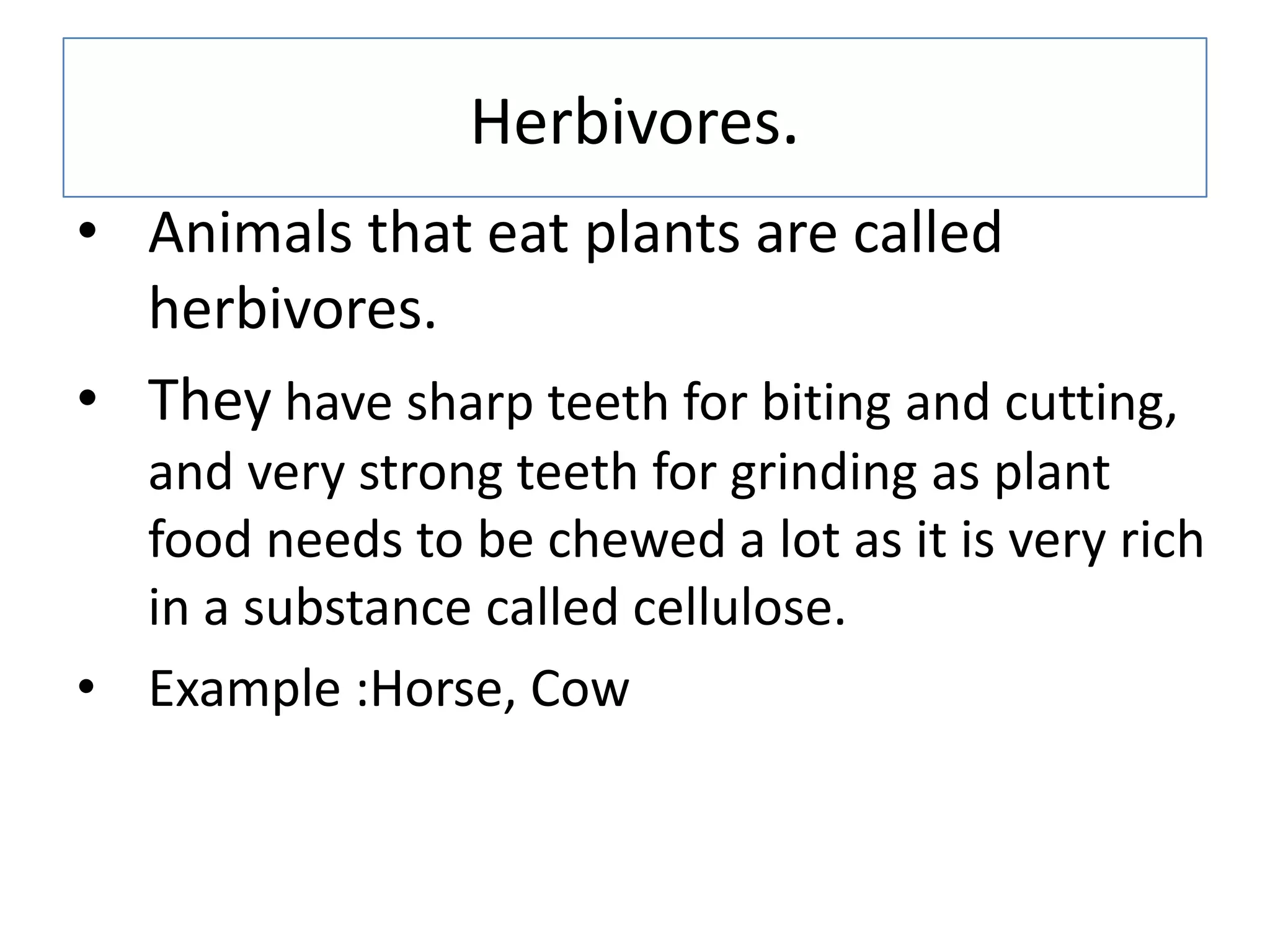 Herbivores.
• Animals that eat plants are called
herbivores.
• They have sharp teeth for biting and cutting,
and very strong teeth for grinding as plant
food needs to be chewed a lot as it is very rich
in a substance called cellulose.
• Example :Horse, Cow
 