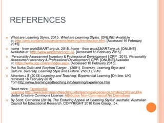 REFERENCES
 What are Learning Styles. 2015. What are Learning Styles. [ONLINE] Available
at: http://web.cortland.edu/andersmd/learning/Introduction.htm. [Accessed 16 February
2015]
 home - from workSMART.org.uk. 2015. home - from workSMART.org.uk. [ONLINE]
Available at: http://www.worksmart.org.uk/. [Accessed 16 February 2015].
 Personality Assessment Inventory & Professional Development | CPP . 2015. Personality
Assessment Inventory & Professional Development | CPP. [ONLINE] Available
at: https://www.cpp.com/en/index.aspx. [Accessed 16 February 2015].
 Pat Burke Guild and Stephen Garger, . (2001). Diversity, Learning Style and
Culture. Diversity, Learning Style and Culture. 2nd (1), 2-10
 Atherton J S (2013) Learning and Teaching; Experiential Learning [On-line: UK]
retrieved 16 February 2015
from http://www.learningandteaching.info/learning/experience.htm
Read more: Experiential
Learning http://www.learningandteaching.info/learning/experience.htm#ixzz3RsyoiUXw
Under Creative Commons License: Attribution Non-Commercial No Derivatives
 By Scott, Catherine (2010). The Enduring Appeal of 'Learning Styles'. australia: Australian
Council for Educational Research. COPYRIGHT 2010 Gale Group.. 5+.
 