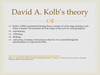 
 Kolb’s (1984) experiential learning theory consists of a four stage learning cycle
where a learner will encounter all four stages of the cycle in varying degrees:
 experiencing
 reflecting,
 thinking,
 and acting. Learning is the process where by it is created through the
transformation of experience(1984).
http://www.learning-theories.com/experiential-learning-kolb.html
Kolb, A.Y., & Kolb, D.A. (2005). The Kolb Learning Style Inventory – Version 3.1: 2005 Technical Specifications. Haygroup:
Experience Based Learning Systems Inc.
David A. Kolb’s theory
 